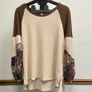Umgee Cream and Brown Sweatshirt with Patterned Sleeves